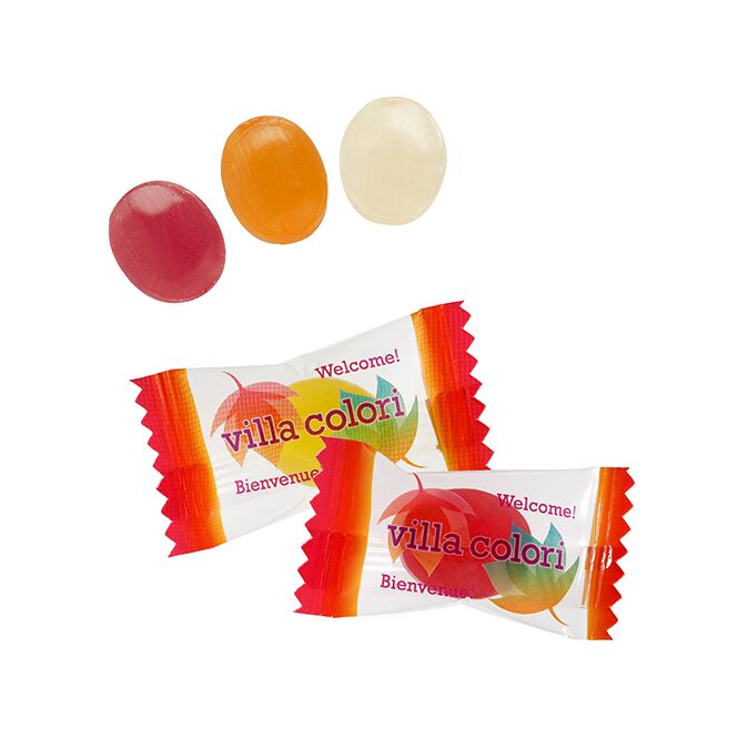 Streuartikel Spezialitäten Mini-Bonbons im Flowpack – mit logo bedruckt – 100g für Messen und Events zur Kundengewinnung und Mitarbeiterbindung