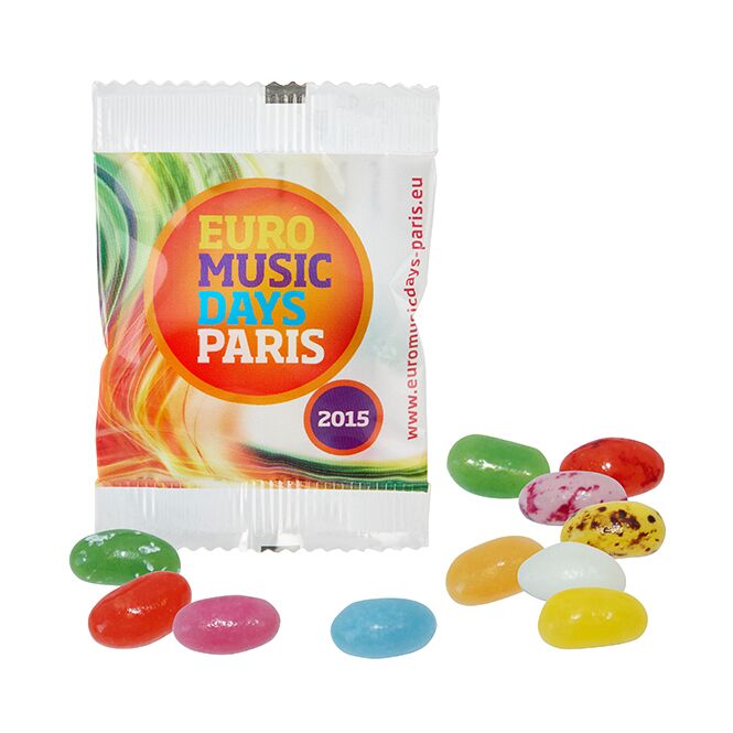 Streuartikel Jelly Beans Tütchen – fruchtige bunte mischung – mit individuellem Werbeaufdruck, ideal als Werbegeschenk für Kunden und Events