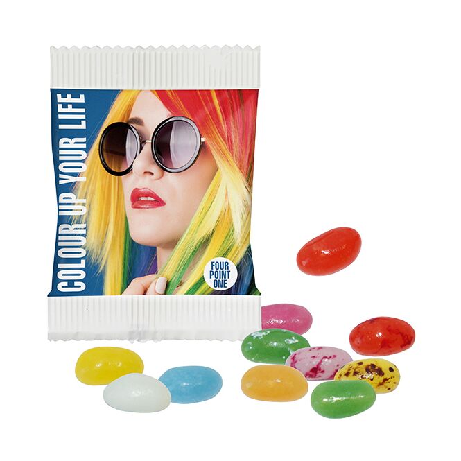 Streuartikel Jelly Beans Papiertütchen – bunte fruchtige mischung – inkl. Werbeaufdruck 10g als Give-away für Kunden auf Messen und Events