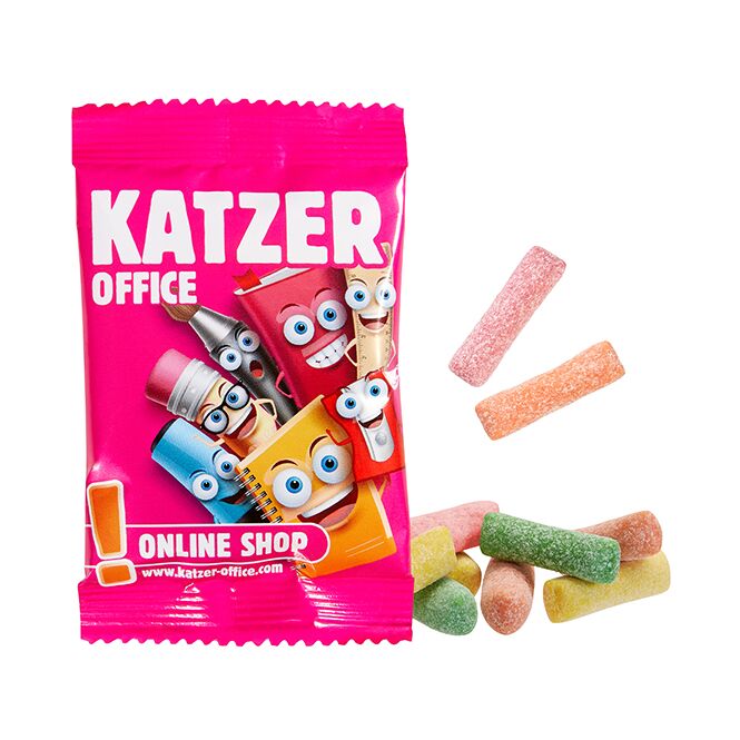 Werbeartikel HITSCHIES Kaubonbons – sauer mix – mit individueller Banderole 50g als Werbegeschenk für Kunden auf Messen und Events