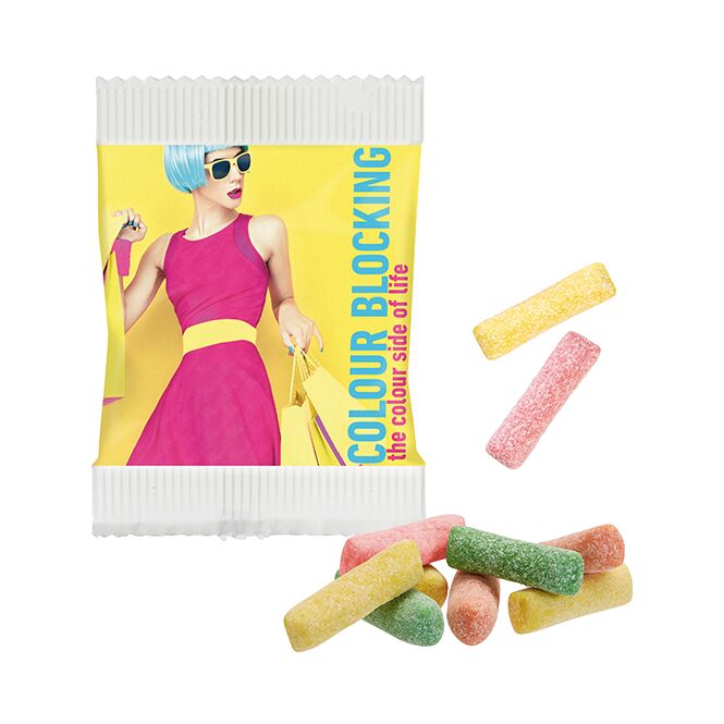 Streuartikel Hitschies Kaubonbons Sauer Mix – sauer-fruchtige misch-tüte – mit individuellem Etikett für Messe-Giveaways an Kunden und Partner