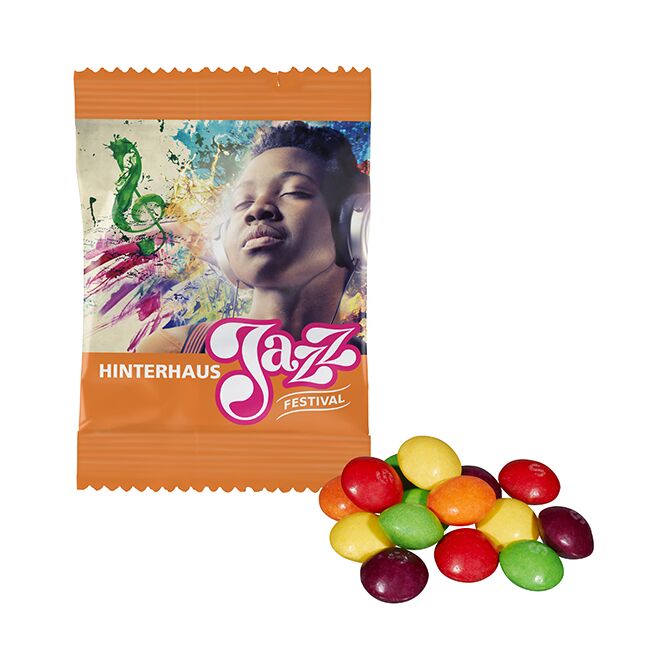 Werbeartikel SKITTLES® im Tütchen – bunt gemischt – mit individuellem Werbeaufdruck 10g für Messen als idealer Streuartikel für Kunden