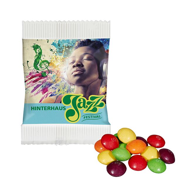 Streuartikel SKITTLES® – fruchtig gemischt – mit individuellem Etikett für Messen und Events zur Kundengewinnung und Mitarbeiterbindung