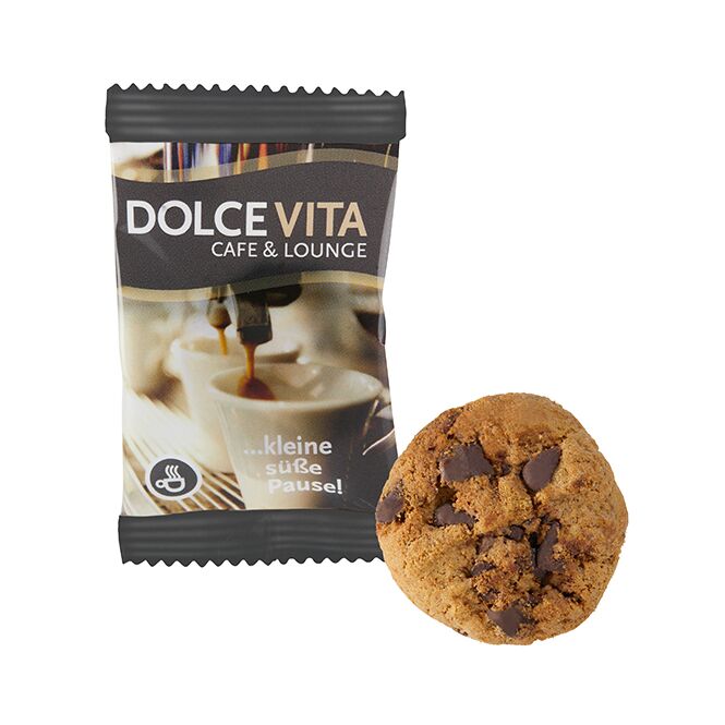 Streuartikel Chocolate Mountain Cookies Minis – weiß – mit Logo bedruckt 15g als Werbemittel auf Messen und Events für Kunden und Mitarbeiter