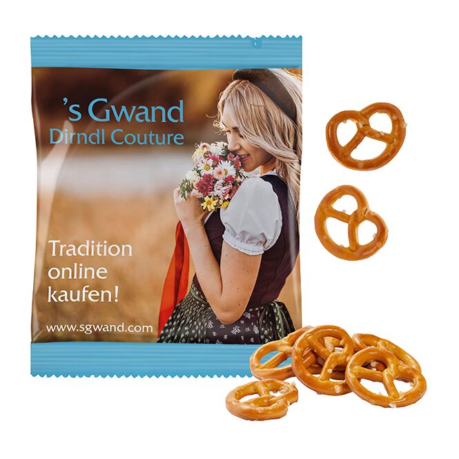 Streuartikel Mini Salz-Brezeln im Tütchen – knusprig – mit Logo bedruckt 50g als Werbemittel auf Messen und für potenzielle Kunden