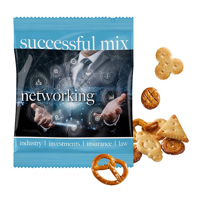 Streuartikel Cocktail-Mix Tütchen – knuspriges laugegebäck – mit individuellem Etikett für Messen und Events zur Kundengewinnung ideal