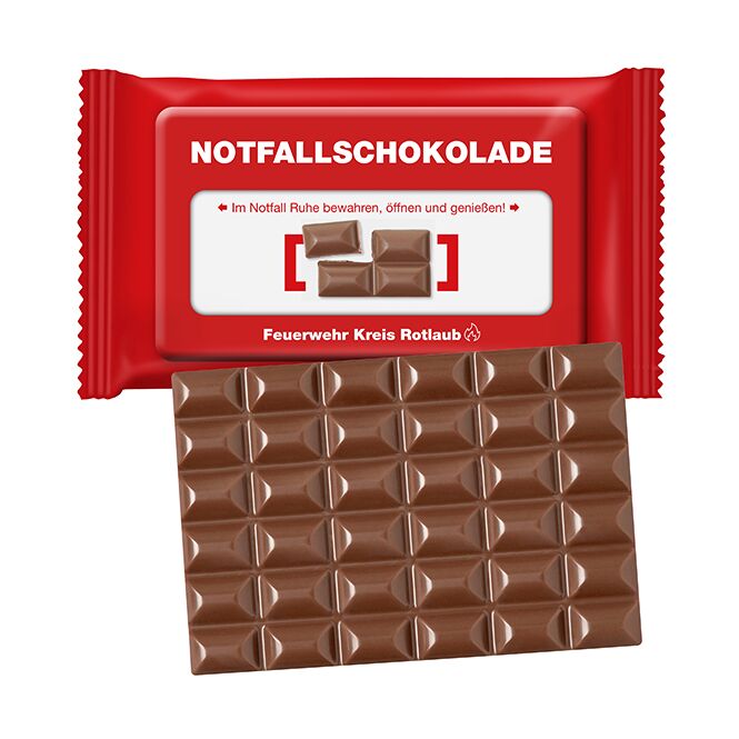 Werbemittel Schoko-Tafel XL Flowpack – vollmilchschokolade – mit individuell bedrucktem Logo als Firmengeschenk für Geschäftspartner und Mitarbeiter