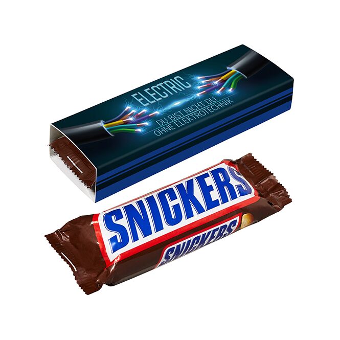 Werbeartikel SNICKERS Riegel – schokolade mit erdnüssen – mit individuellem Etikett 50g als leckerer Snack für Kunden und Mitarbeiter