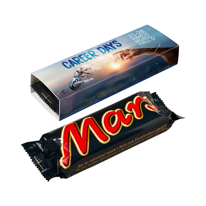 Werbeartikel Mars Riegel – schokolade – mit bedrucktem Etikett für den Einsatz als Messe-Snack und Meeting-Proviant für Ihre Kunden