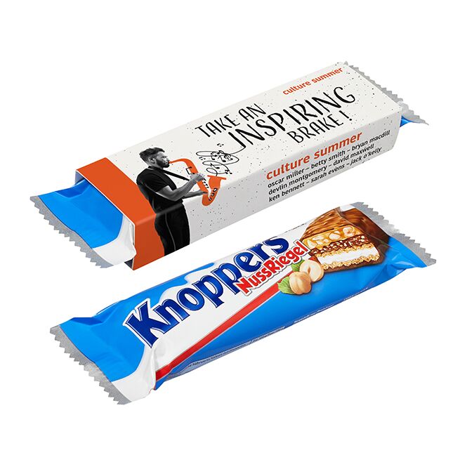 Premium-Werbeartikel Knoppers Riegel – mit milch- und nougatcreme – mit individuell bedrucktem Werbeschuber 40g für messen und büro