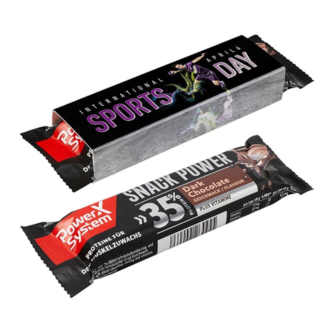 Werbeartikel Power X System Protein Riegel – zartbitterschokolade – mit individuellem Werbeaufdruck 16 g als Power-Snack für Geschäftspartner