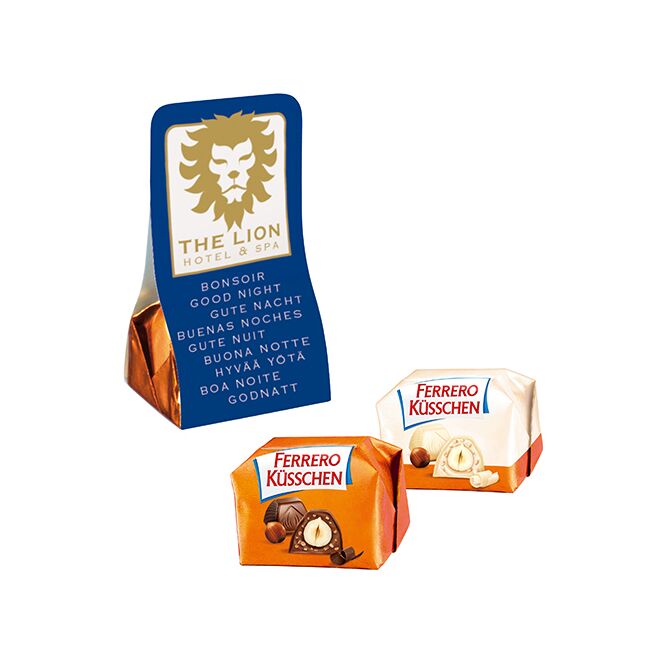 Premium-Werbeartikel Ferrero Küsschen 1er im Werbetäschchen – weiß – mit Logo bedruckt 1 Stück als Werbegeschenk für Kunden und Partner