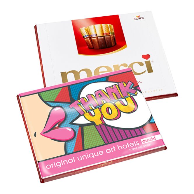 Premium-Werbeartikel merci Finest Selection – schokoladenvielfalt – mit bedrucktem Etikett als Firmengeschenk für Kunden und Partner