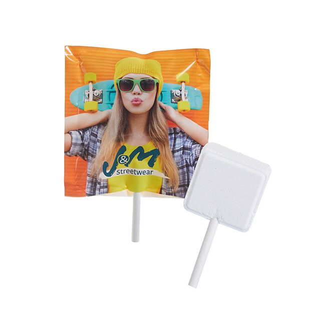 Streuartikel Frigeo Traubenzucker Lolly – erdbeer, tropic und kirsch – inkl. Werbeaufdruck auf der Folie für Messen und Events an Kunden
