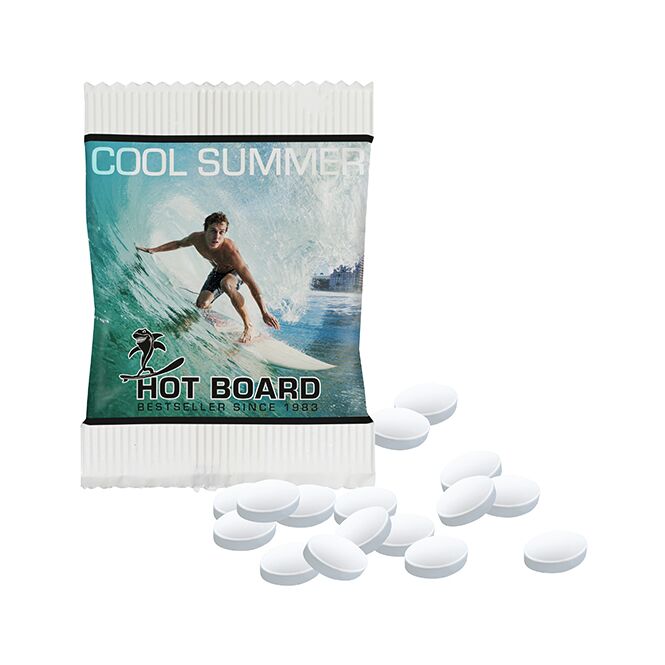 Werbeartikel Cool Ice Pastillen – eisbonbon-geschmack – mit individuellem Etikett 1,6 kcal pro Stück als Messen-Giveaway für Kunden und Partner