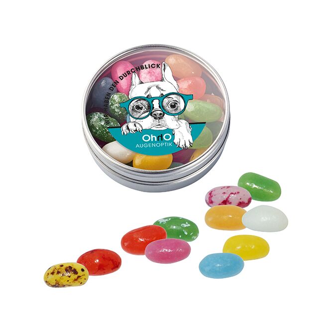 Streuartikel Klarsichtdose Jelly Beans – weiß – mit Logo bedruckt 40g als Werbegeschenk für Kunden und Partner auf Messen und Events