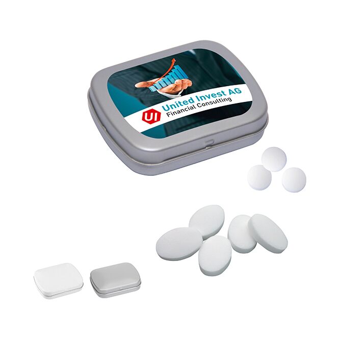 Streuartikel MINI-Klappdose Pfefferminzpastillen – weiß – mit Logo bedruckt 20g als Werbemittel auf Messen und Events für potenzielle Kunden