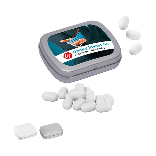Streuartikel MINI-Klappdose mit tic tac – weiß – mit Logo bedruckt 22g für den Einsatz als Werbemittel auf Messen und für Geschäftspartner