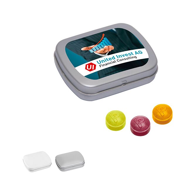 Streuartikel Pulmoll Pastillen MINI-Klappdose – weiß – mit Logo bedruckt 20g als idealer Werbeartikel für Messen und Geschäftspartner