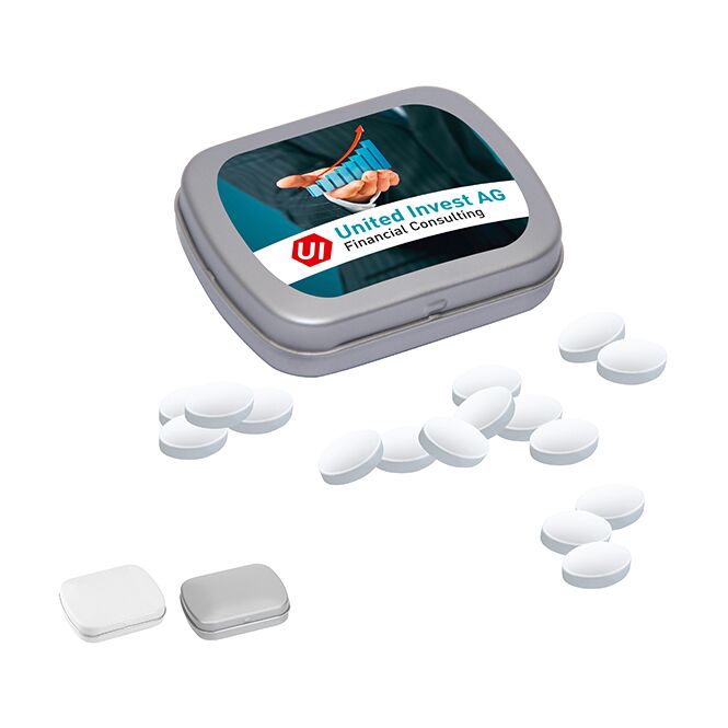Werbeartikel MINI-Klappdose Cool Ice – weiß – mit Logo bedruckt 20g als Giveaway auf Messen und Events für potenzielle Geschäftspartner
