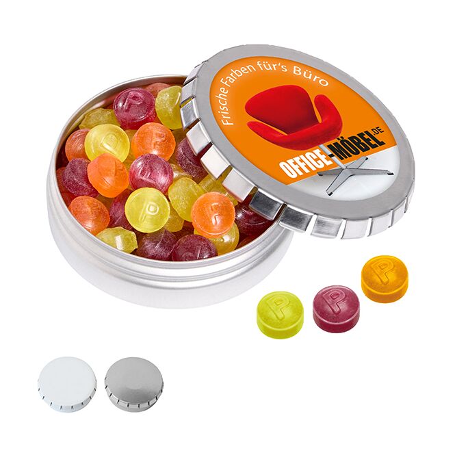 Streuartikel Pulmoll Pastillen MINI-Drück-mich-Dose – weiß – mit Logo bedruckt 50g als professionelles Werbegeschenk für Kunden und Partner