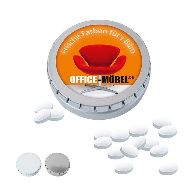 Werbeartikel MINI-Drück-mich-Dose mit Cool Ice – bonbons – mit individuellem Etikett 60g als Give-away für Kunden auf Messen und Events