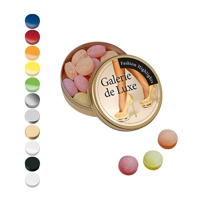 Streuartikel Kalfany Fruchtbonbons XS-Taschendose – fruchtiger geschmack – mit Logo bedruckt 16g für Messen und als Präsent für Kunden