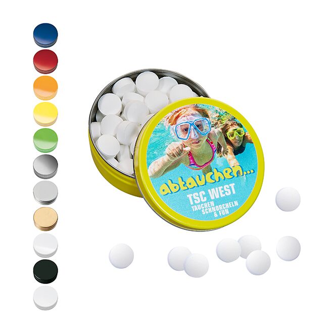 Streuartikel XS-Taschendose Pfefferminzpastillen – pfefferminz – mit Logo bedruckt 18g für den Einsatz als Werbemittel auf Messen und Events