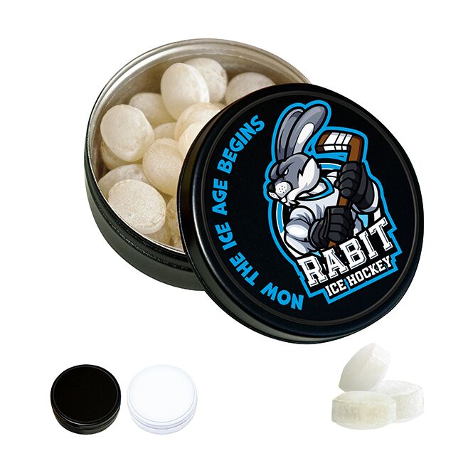 Streuartikel Black or White Dose Kalfany Eisbonbons – eisbonbons – mit Logo bedruckt 60g als ideales Werbegeschenk für Kunden und Partner