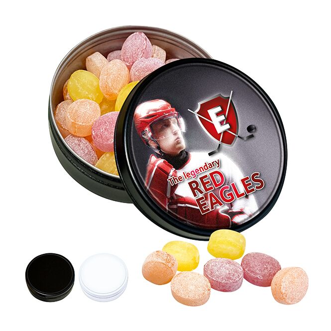Werbeartikel Black or White Dose mit Kalfany-Fruchtbonbons – weiß – mit Logo bedruckt 60g für Messen und Events für potenzielle Kunden