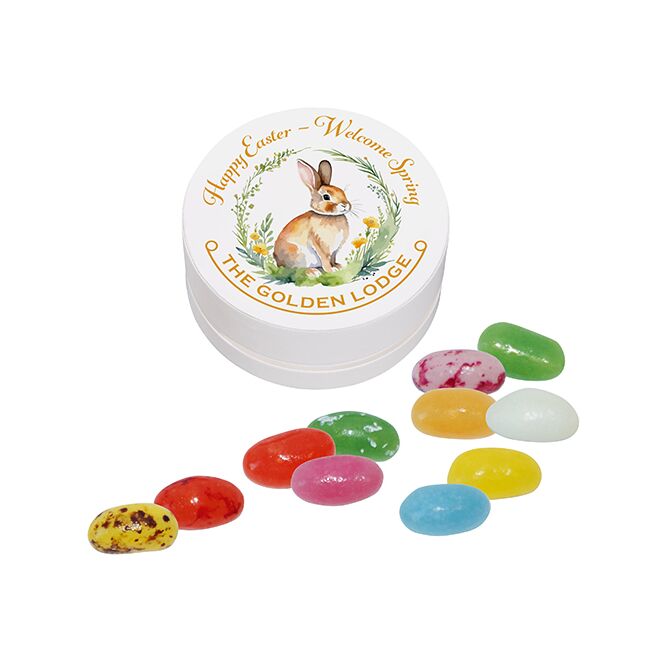 Streuartikel Papier XS-Taschendose mit Jelly Beans – mit logo bedruckt – 15g für den Einsatz als Werbemittel auf Messen für potenzielle Kunden