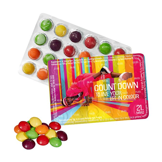 Werbeartikel Kleinster Event-Kalender – mit fruity candy – mit bedrucktem Etikett 24 Stück als Weihnachtsgeschenk für Kunden und Partner
