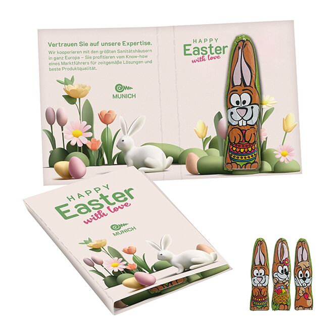 Oster-Giveaway MINI-Schoki-Osterhäschen – osterartikel – mit individueller Banderole 1 Stück als süßes Oster-Werbegeschenk für Kunden