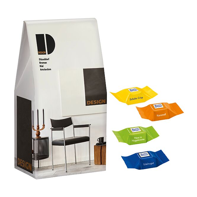 Werbemittel Ritter Sport Schokowürfel Maxi-Promo-Pack – mit schokoladigen 8 markenfüllungen – mit individuell bedrucktem etikett 176g für kunden
