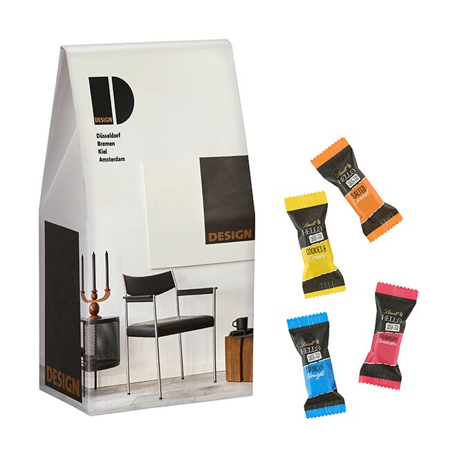 Firmengeschenk Maxi-Promo-Pack mit Lindt Hello Mini Stick Mix mit Digitaldruck – wiederverschließbare Süßwaren für Messen und Business