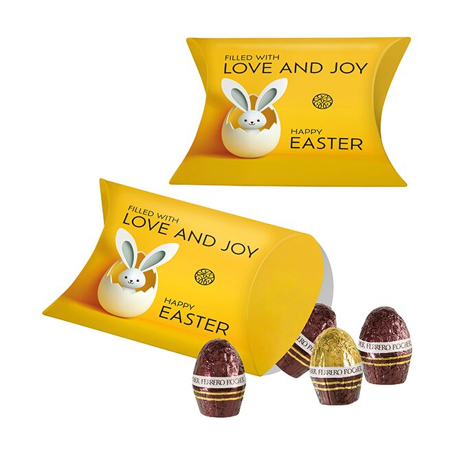 Oster-Werbeartikel Ferrero Rocher Eier Kissenverpackung – ostern – mit individuell bedrucktem Etikett als süßes Oster-Werbegeschenk für Kunden