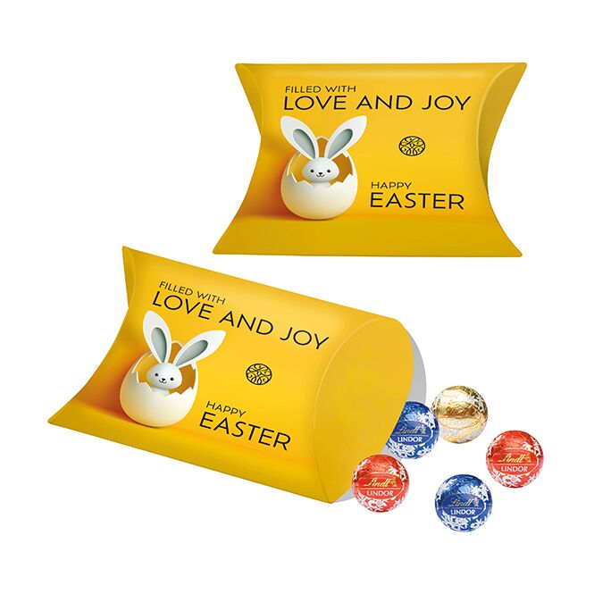 Firmengeschenk Kissenverpackung mit Lindt Lindor Pralinés mit Logodruck – süßes Kundenpräsent für das Büro