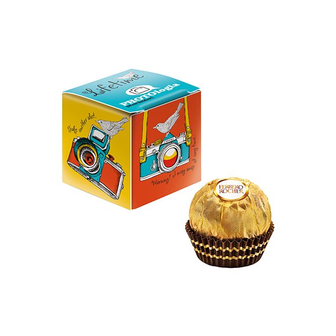 Werbeartikel Ferrero Rocher Mini Promo-Würfel – weiß – mit Logo bedruckt als hochwertiges Werbemittel für Geschäftspartner und Kunden