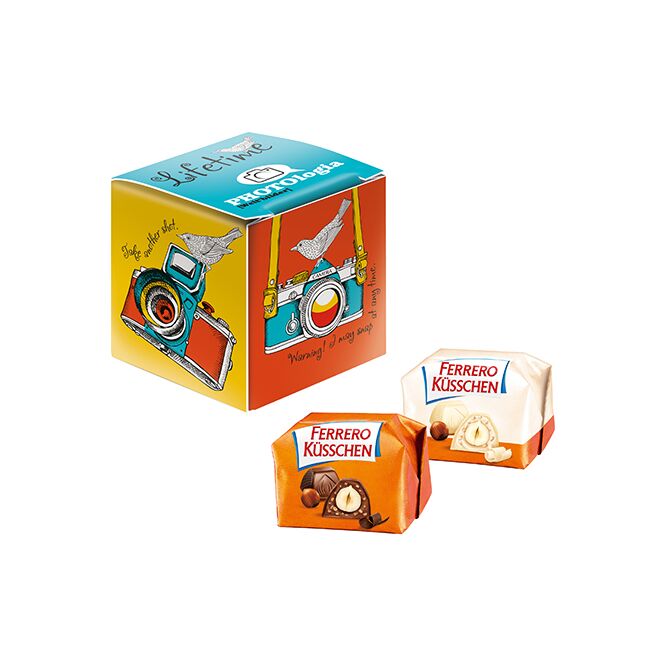 Premium-Werbeartikel Ferrero Küsschen Mini Promo-Würfel – white – mit Logo bedruckt 1 Stück als süßes Werbegeschenk für Kunden und Mitarbeiter