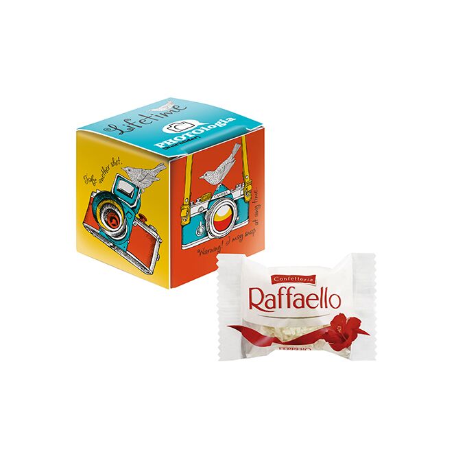 Werbeartikel Raffaello Mini-Würfel – weiß – mit Logo bedruckt als ideales Werbemittel auf Messen und Events für potenzielle Kunden