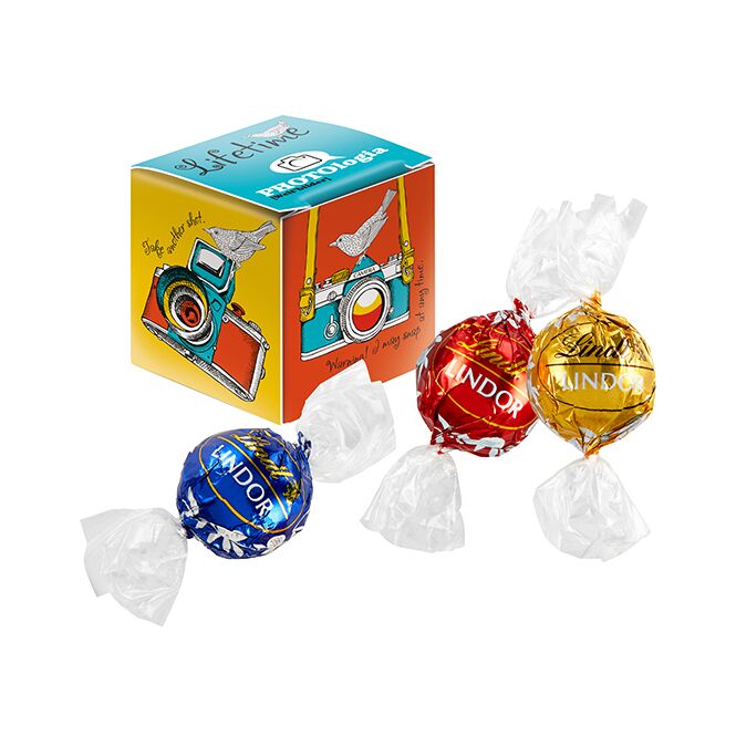 Premium-Werbeartikel Lindt Lindor Kugel Mix Mini-Würfel – schokolade – mit individuellem Etikett 12g als Firmengeschenk für Kunden und Partner