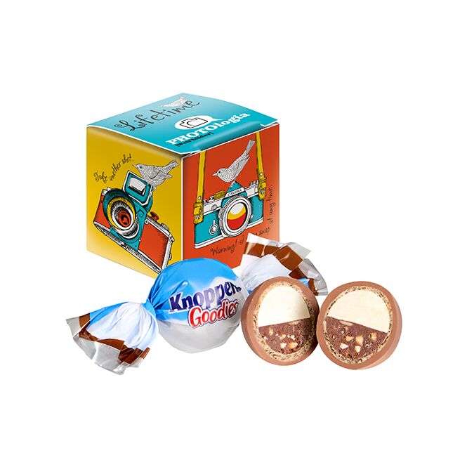 Streuartikel Knoppers Mini Promo-Würfel – süße schokolade – mit Logo bedruckt als ideales Werbegeschenk für Kunden und Mitarbeiter