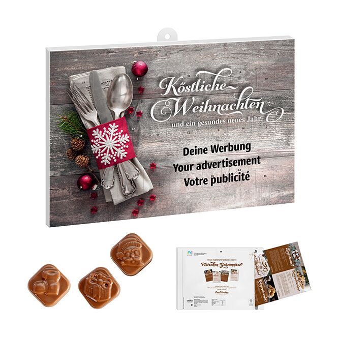 Firmengeschenk Adventskalender Standardmotiv – mit weihnachtlichem motiv – mit individuell bedrucktem Werbeeinleger als Weihnachtsgeschenk für Kunden