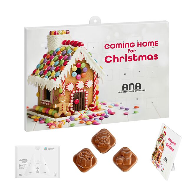 Firmengeschenk Classic Wand-/Tisch-Adventskalender – weiß – mit bedrucktem Etikett 75g als Weihnachtsgeschenk für Kunden und Partner