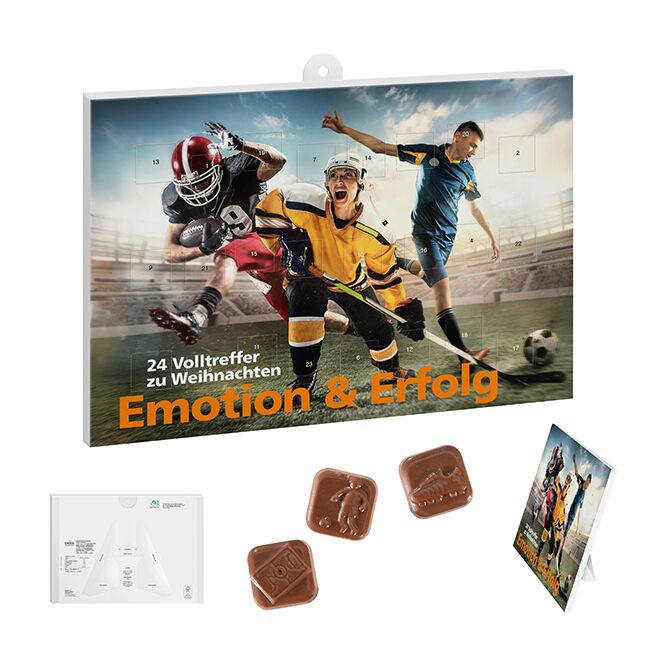 Firmengeschenk Sport-Adventskalender Fußballmotive – weiß – mit individuell bedrucktem Etikett 24 Türchen als Weihnachtsgeschenk für Mitarbeiter