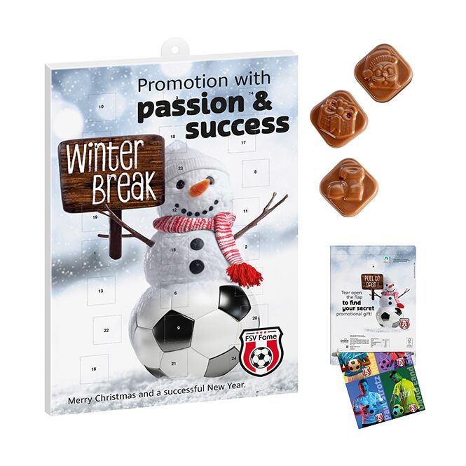 Firmengeschenk Adventskalender Vollmilchschokolade – weihnachtlich – inkl. Werbeaufdruck 24 Türchen als Weihnachtsgeschenk für Mitarbeiter