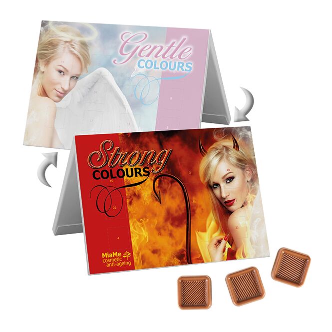 Firmengeschenk Wende-Adventskalender Querformat – weiß – mit bedrucktem Etikett 24 Stück als Weihnachtsgeschenk für Kunden und Partner