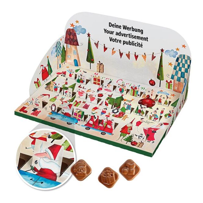 Firmengeschenk Pop-Up Schoko-Adventskalender – weihnachtlich – mit bedrucktem Etikett 24 Türchen als Weihnachtsgeschenk für Kunden und Partner