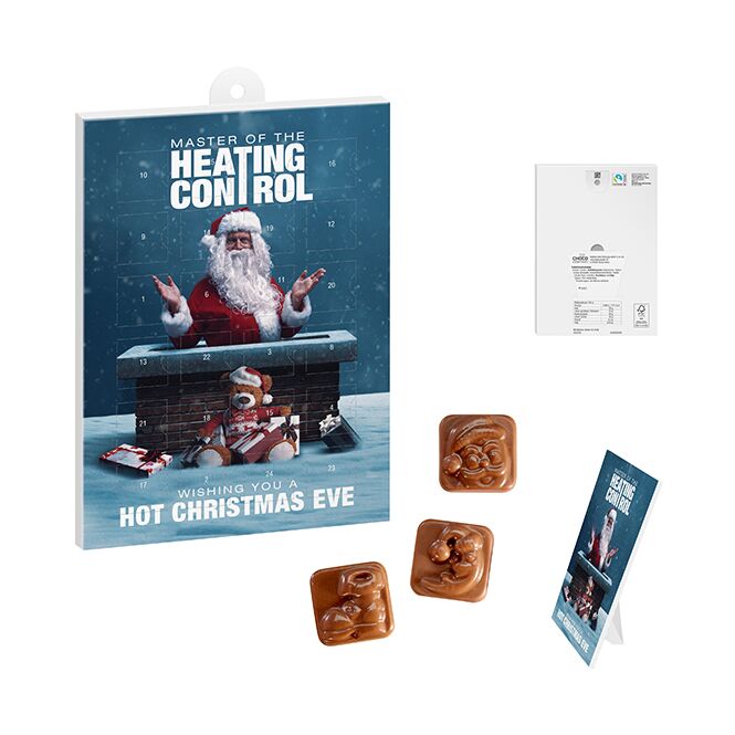 Firmengeschenk A5-Adventskalender mit Vollmilchschokolade – weiß – mit bedrucktem Etikett als Weihnachtsgeschenk für Kunden und Partner