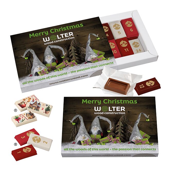Firmengeschenk Schoko-Naps-Schuber-Adventskalender – weihnachtlich – inkl. Werbeaufdruck mit 24 Schoko-Naps als Weihnachtsgeschenk für Mitarbeiter